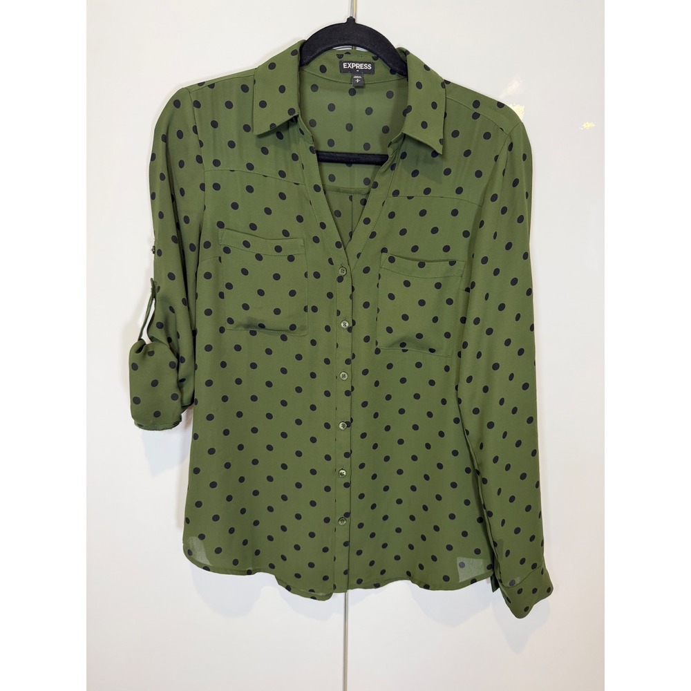 Express olive green polka dot Portofino shirt button-down top point collar S/P